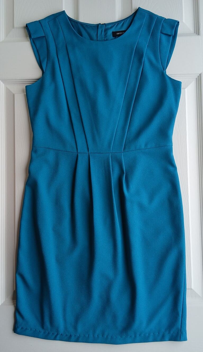 G2000 Teal Round Neck Sheath Dress 34 (S) pleated pencil midi gold zipper office
